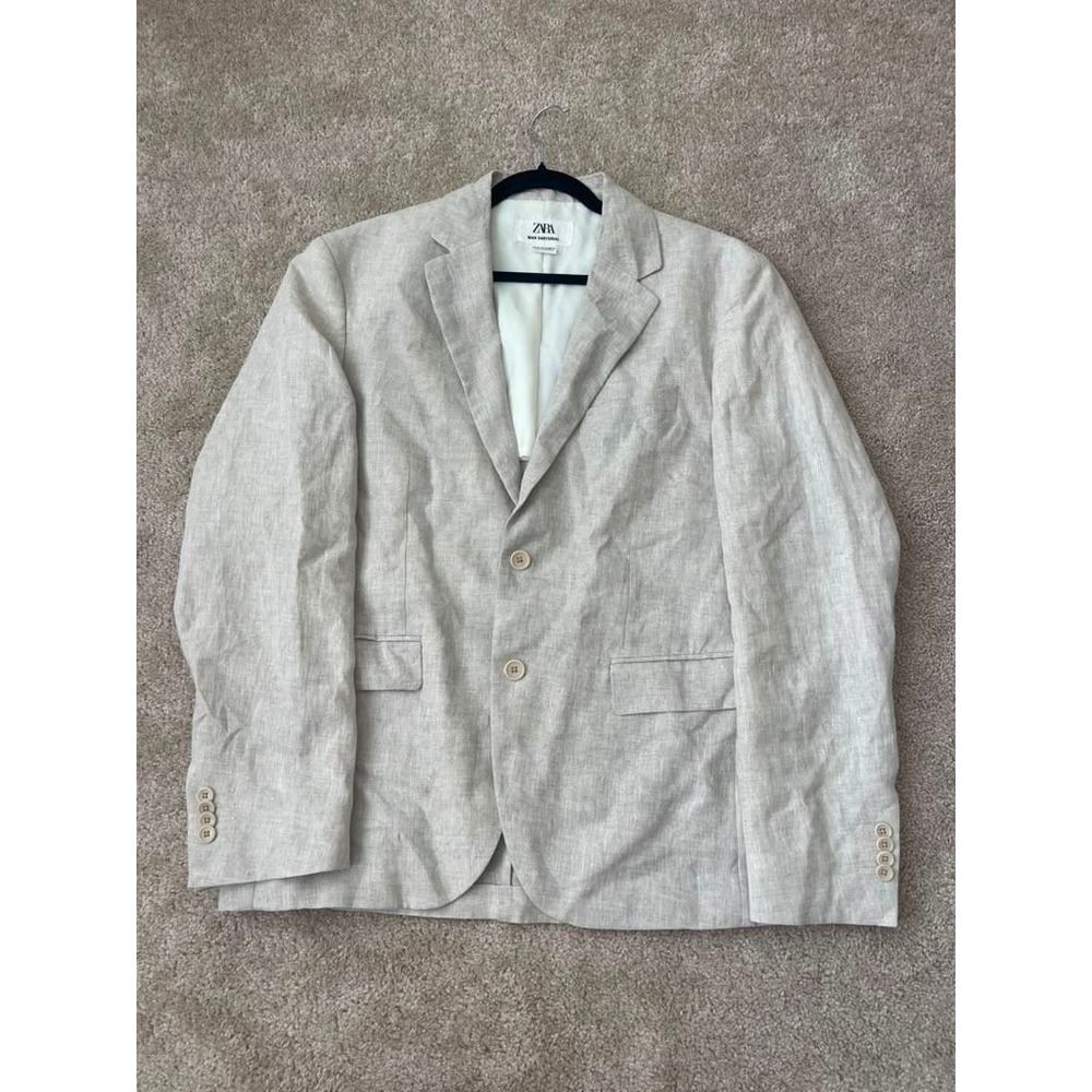Zara Man Sartorial 100% Linen Blazer Beige Tan Slim Fit Suit Jacket Size 42 US